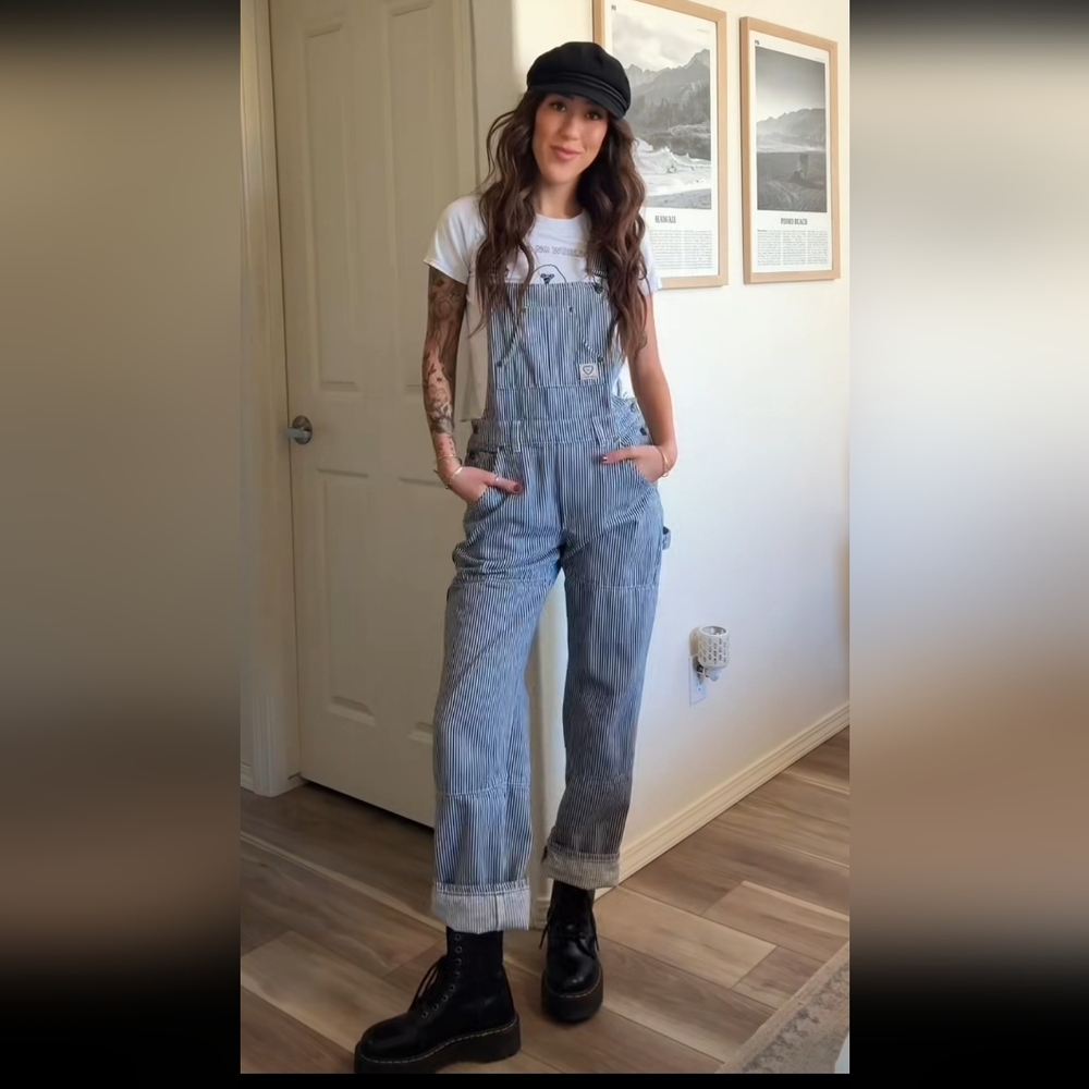 P&Co Striped Denim Overalls Size 12 Blue White Railroad Stripe Wide Leg